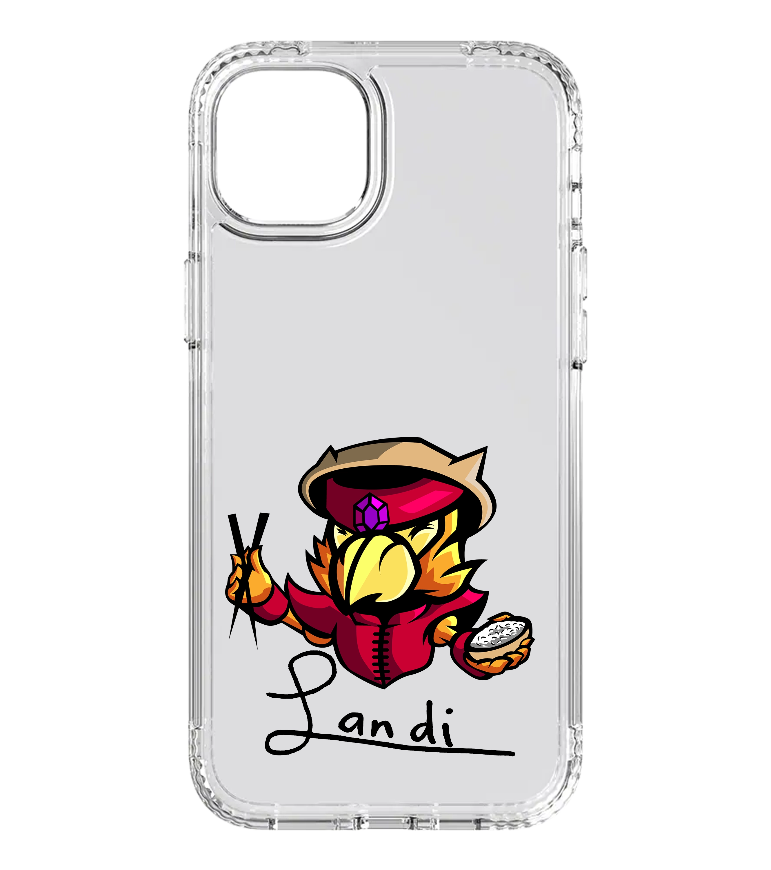 Transparente Handyhülle mit farbenfrohem Landi-Vogel im asiatisch inspirierten Outfit, Essstäbchen und Reisschale – kreatives Fanaccessoire für dein Smartphone.

