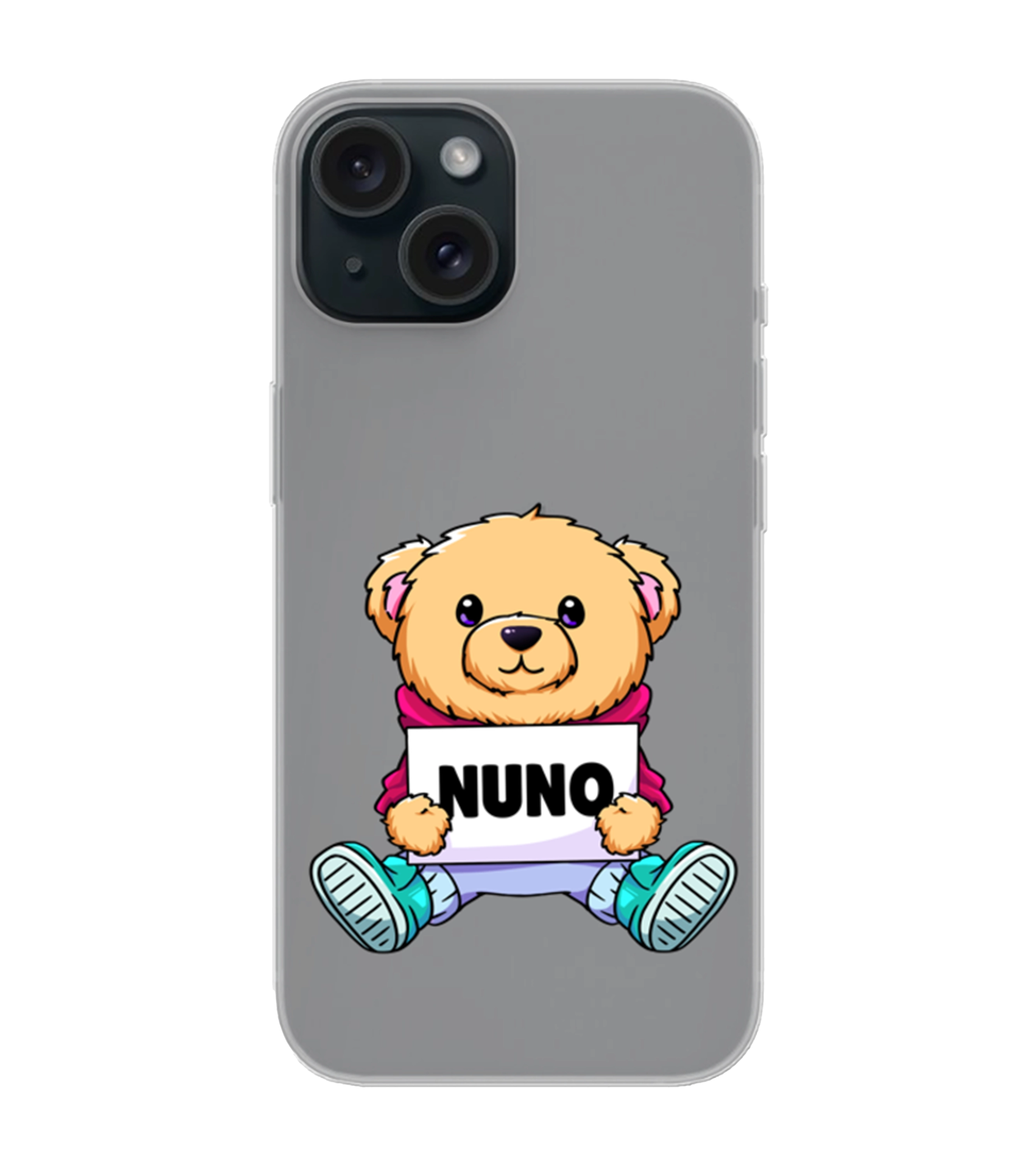 Transparente Handyhülle mit niedlichem Teddybär-Design und NUNO-Schriftzug auf grauem Hintergrund

