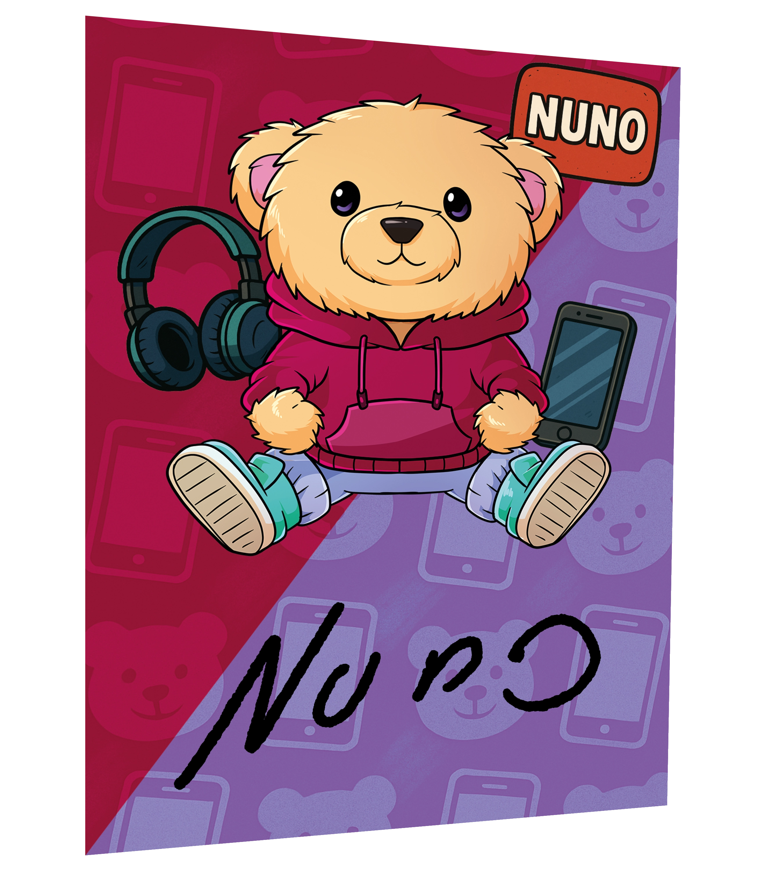 Autogrammkarte von Nuno mit süßem Bären-Motiv, Kopfhörer, Handy und originaler Unterschrift – perfekte Sammelkarte für Fans.

