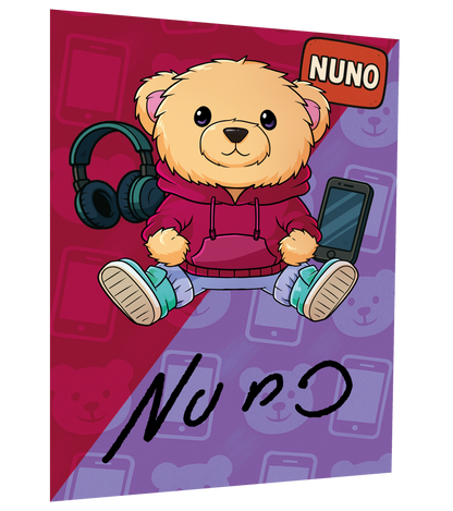 Autogrammkarte von Nuno mit süßem Bären-Motiv, Kopfhörer, Handy und originaler Unterschrift – perfekte Sammelkarte für Fans.

