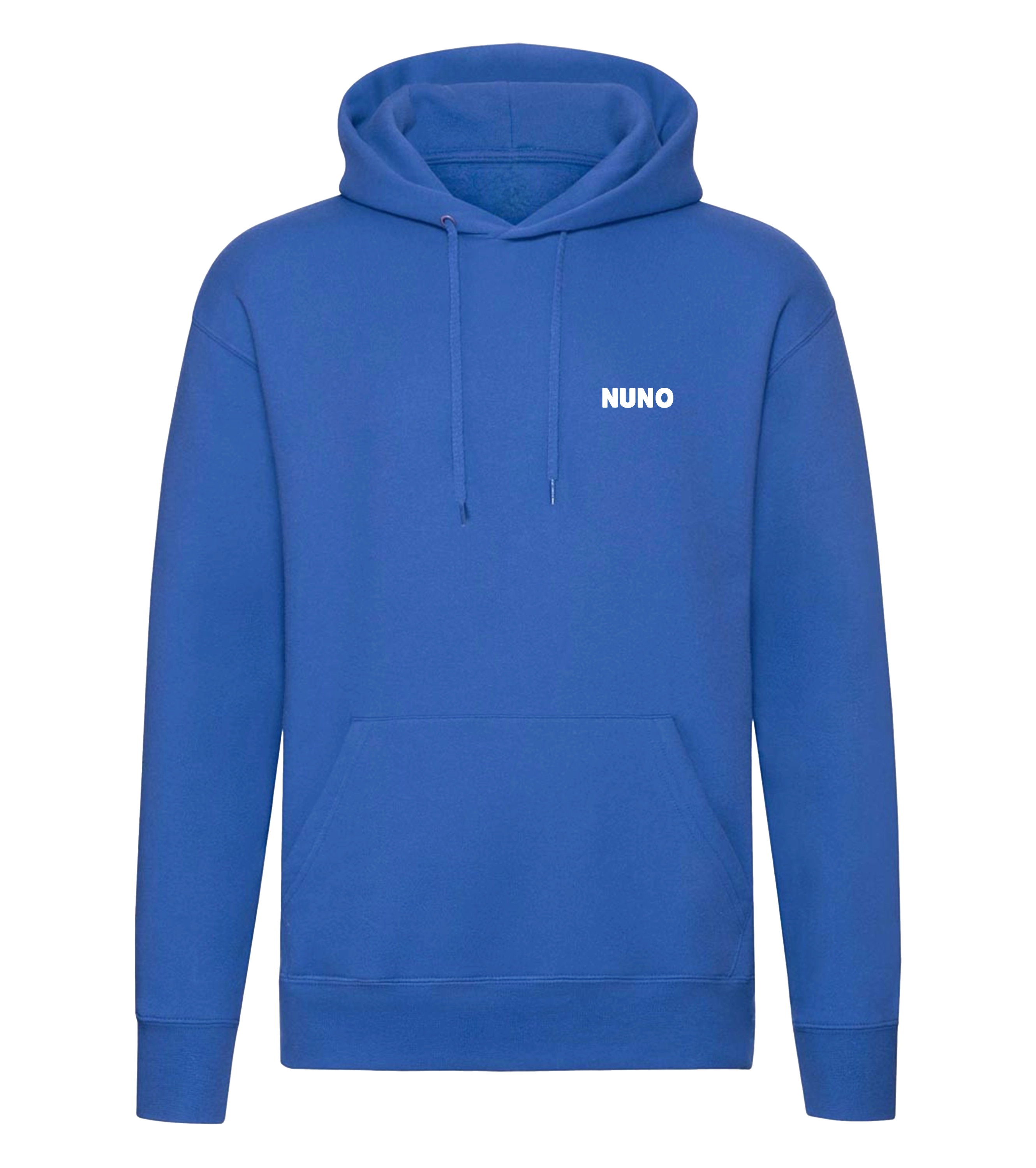 Blauer NUNO Hoodie mit weißem Logo auf der Brust – klassische Frontansicht mit Kapuze und Kängurutasche, ideal für Fans.

