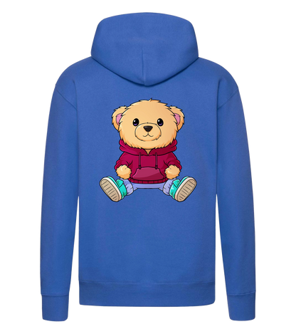 Rückseite des blauen NUNO Hoodies mit großem Bärenmotiv im Comic-Stil – der sitzende Teddy trägt einen roten Hoodie und türkisfarbene Sneaker.

