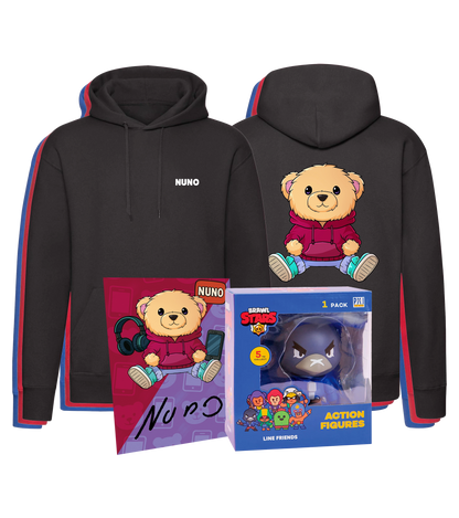 Exklusives NUNO Fanpaket mit schwarzem Hoodie im Bärchen-Design, signierter Autogrammkarte und original Brawl Stars Actionfigur – perfekt für Sammler und Fans.

