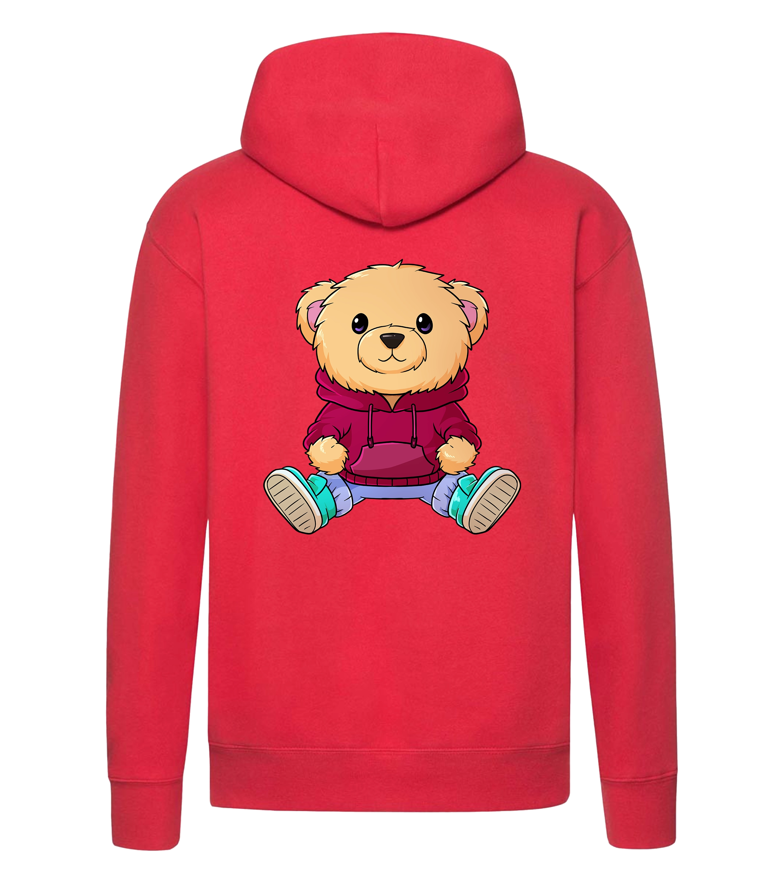 Roter Hoodie mit großem Bärenmotiv auf dem Rücken – flauschiger Bär im roten Kapuzenpullover und Sneakern, inspiriert vom Style von NUNO.

