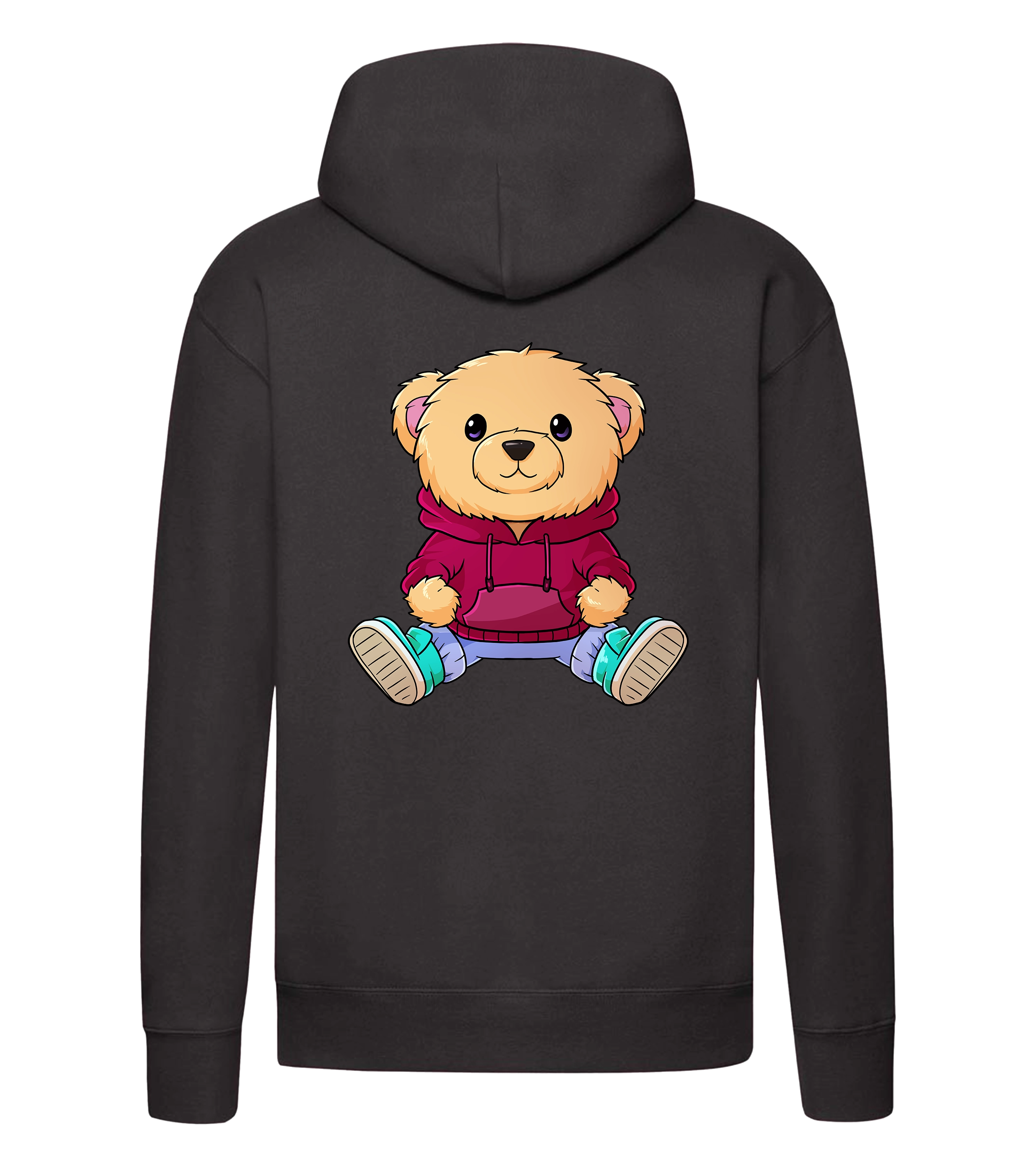 Rückansicht des schwarzen NUNO Hoodies mit großem bunten Bären-Print im Comic-Stil – cooler Hingucker für Streetwear-Fans.


