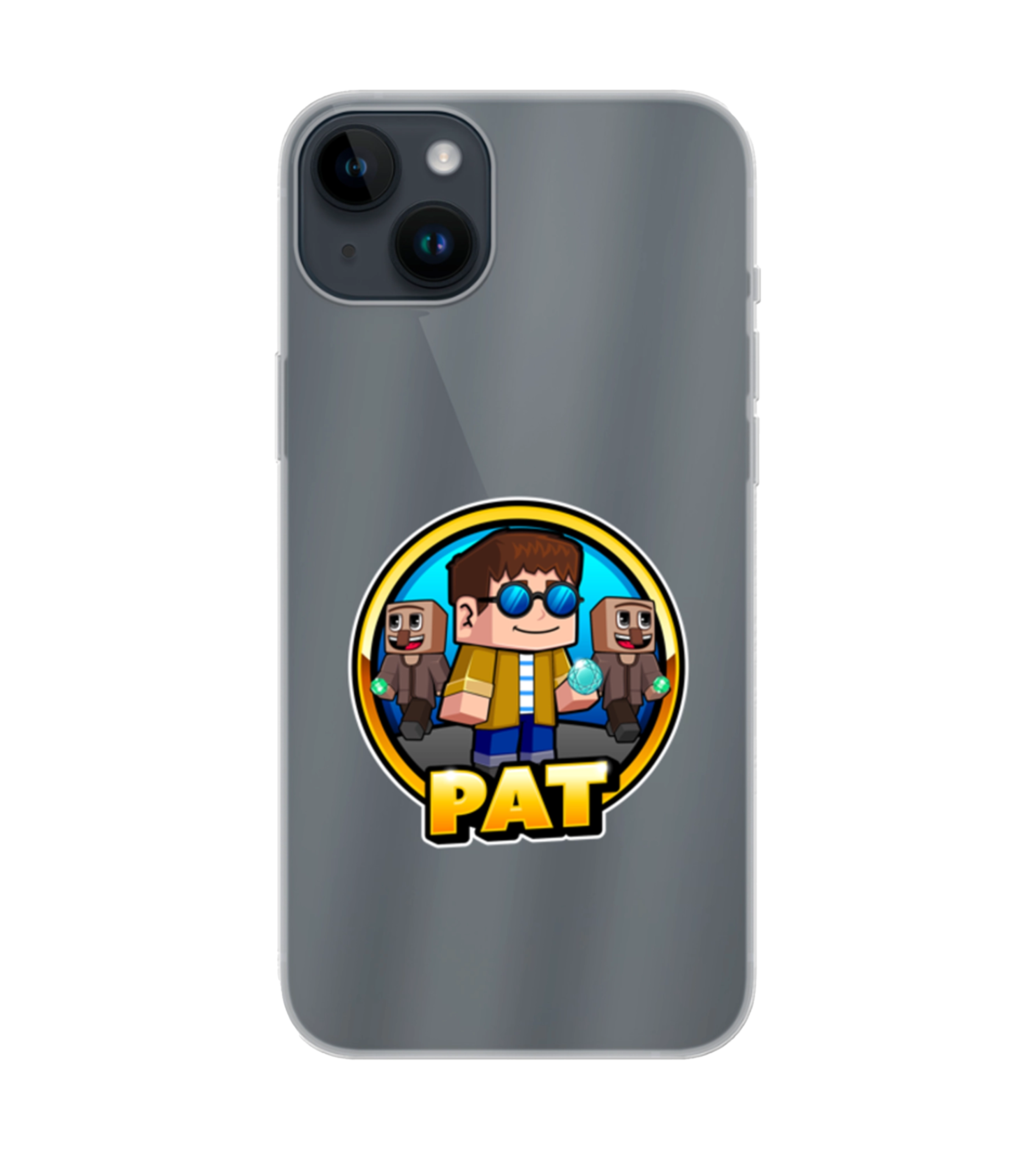 Transparente Handyhuelle mit Pat-Motiv im Pixelstil: zentrale Spielfigur mit Sonnenbrille und Begleitern, ideal fuer Gaming-Fans.