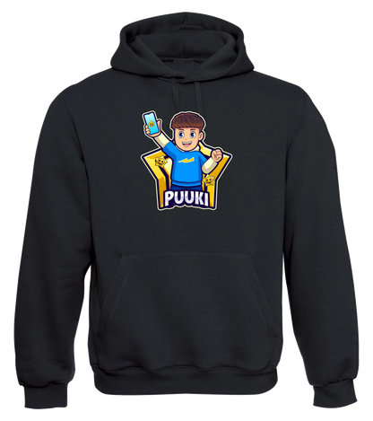 Schwarzer Hoodie mit buntem Puuki-Brawler-Motiv auf der Brust, inspiriert von Brawl Stars – bequemer Kapuzenpullover für Fans des YouTubers Puuki.