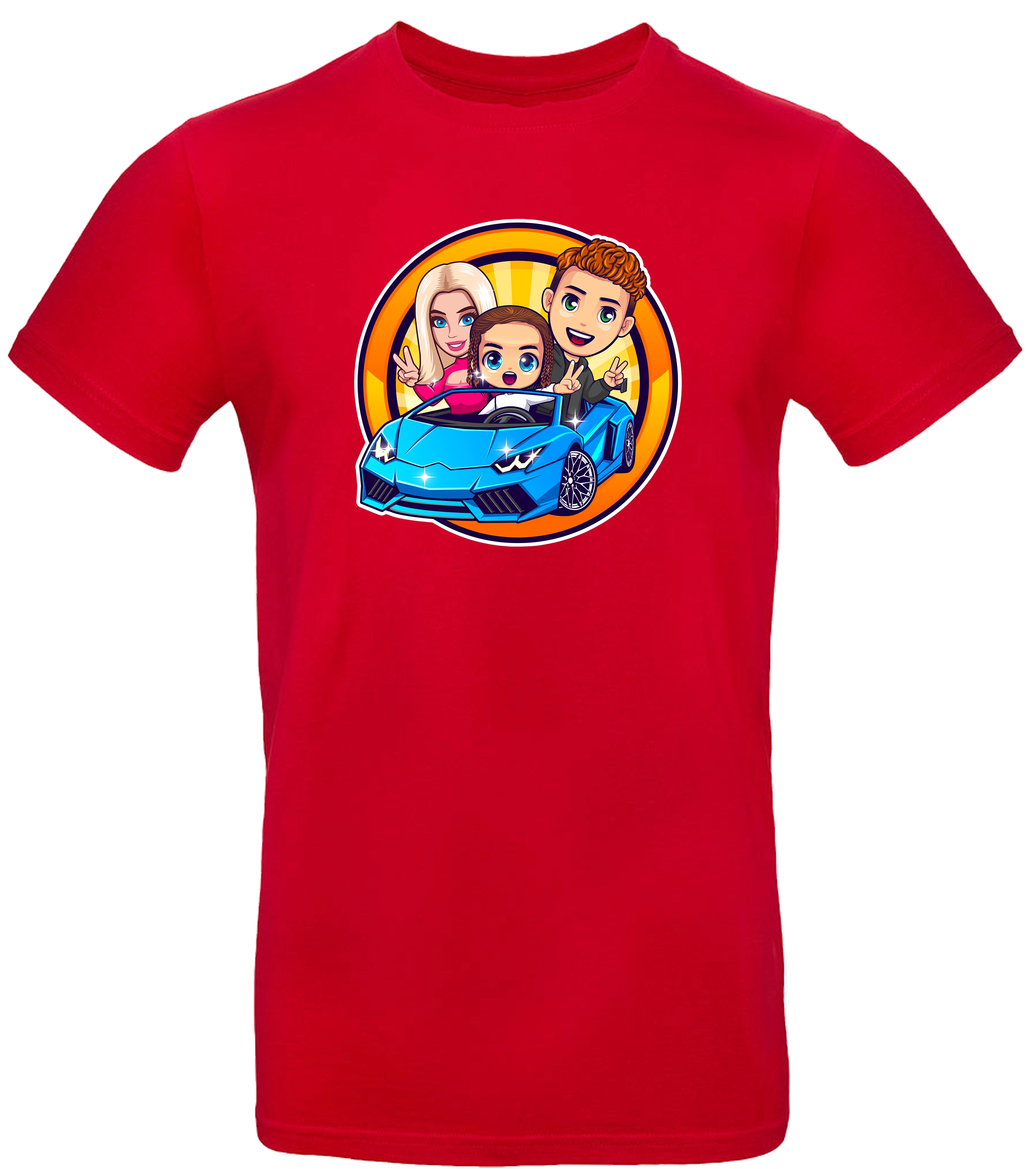 Rotes T-Shirt mit buntem Comic-Motiv: drei Figuren in einem blauen Sportwagen vor orangem Hintergrund

