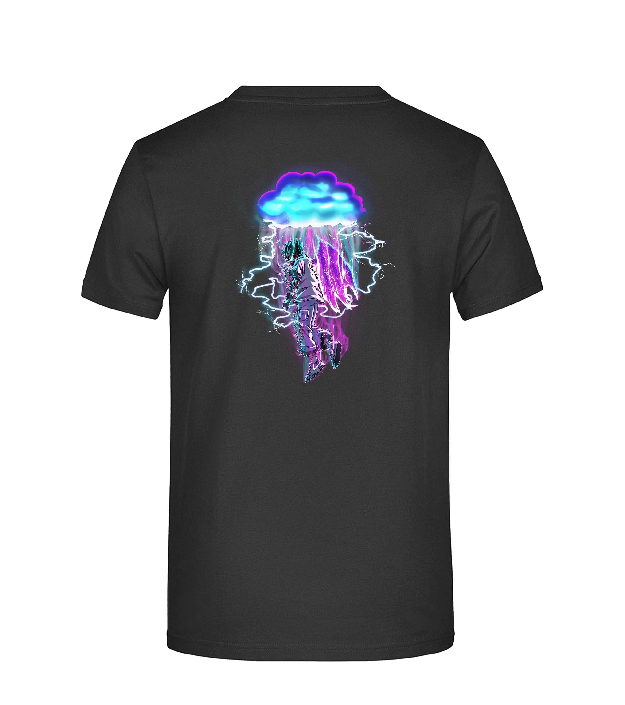 Rückansicht des schwarzen Sevel T-Shirts mit großem, farbintensivem Backprint: Eine Figur mit türkisfarbenem Haar steht unter einer leuchtenden Wolke, umgeben von Blitzen und violettem Regen – eindrucksvolles Motiv für Fans von Anime- und Streetwear-Kultur.








