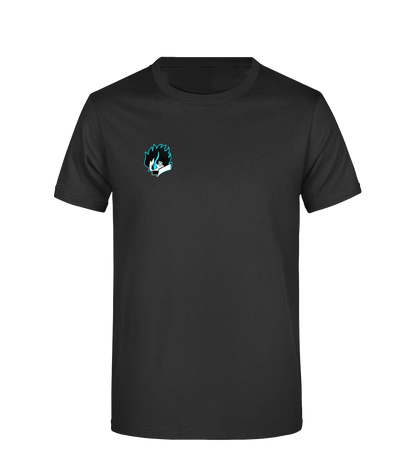 Schwarzes Sevel T-Shirt mit kleinem, leuchtendem Cloud-Kopf-Motiv auf der linken Brustseite – minimalistisches Design mit stilisiertem Charakterkopf und türkisblauen Flammen, ideal für dezente Streetwear-Looks mit Gaming-Vibe.