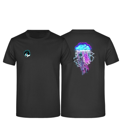 Schwarzes Sevel T-Shirt mit kleinem Blitzkopf-Motiv vorne und großem, leuchtendem Cloud-Design auf dem Rücken: Anime-inspirierte Figur mit lila-blauen Blitzen und futuristischen Akzenten – perfekte Streetwear für Urban Style und Gaming-Community.