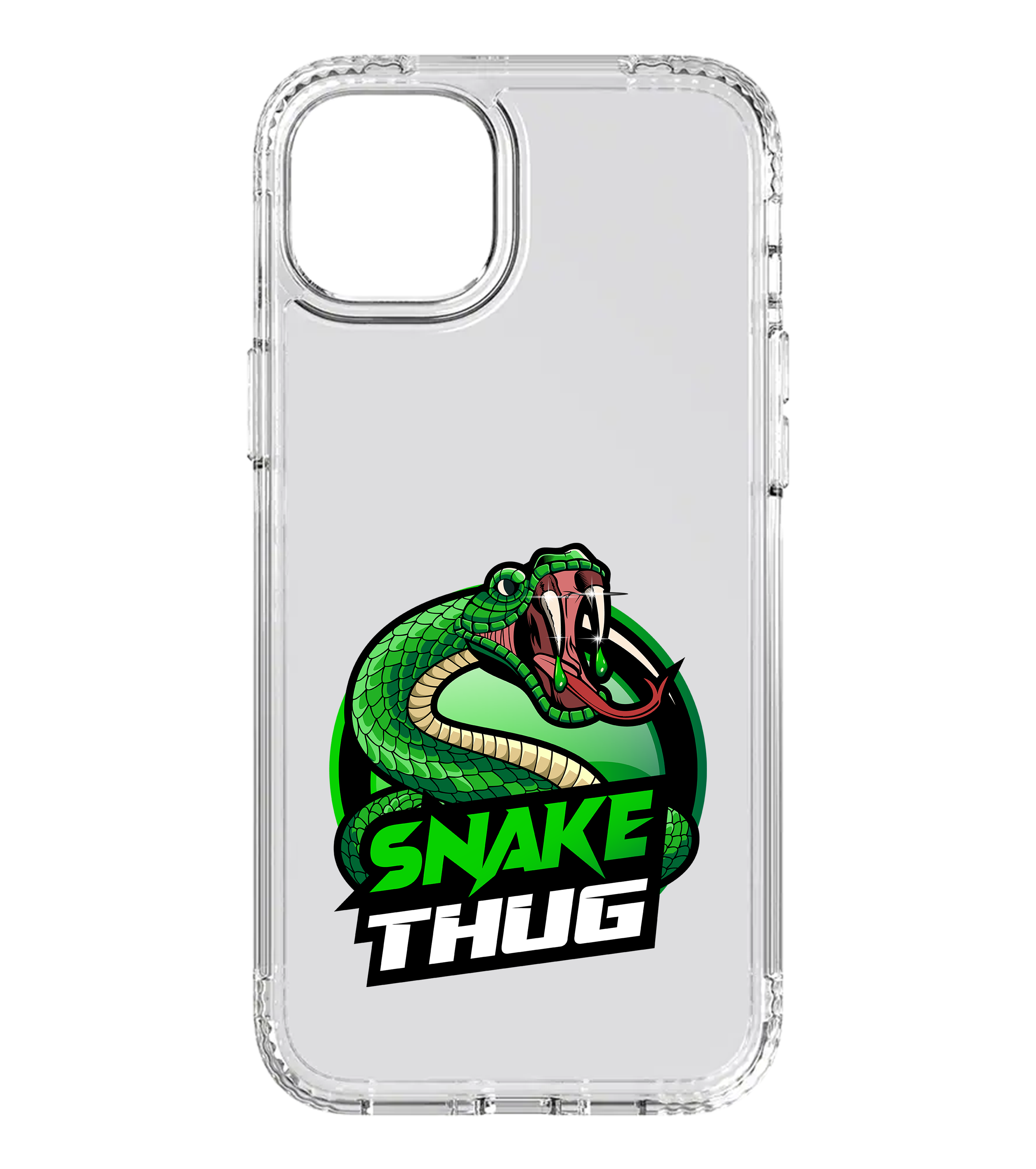 Transparente Handyhülle mit grünem Snake Thug Logo – bedruckt mit einer fauchenden Kobra und stylischem Gaming-Schriftzug.

