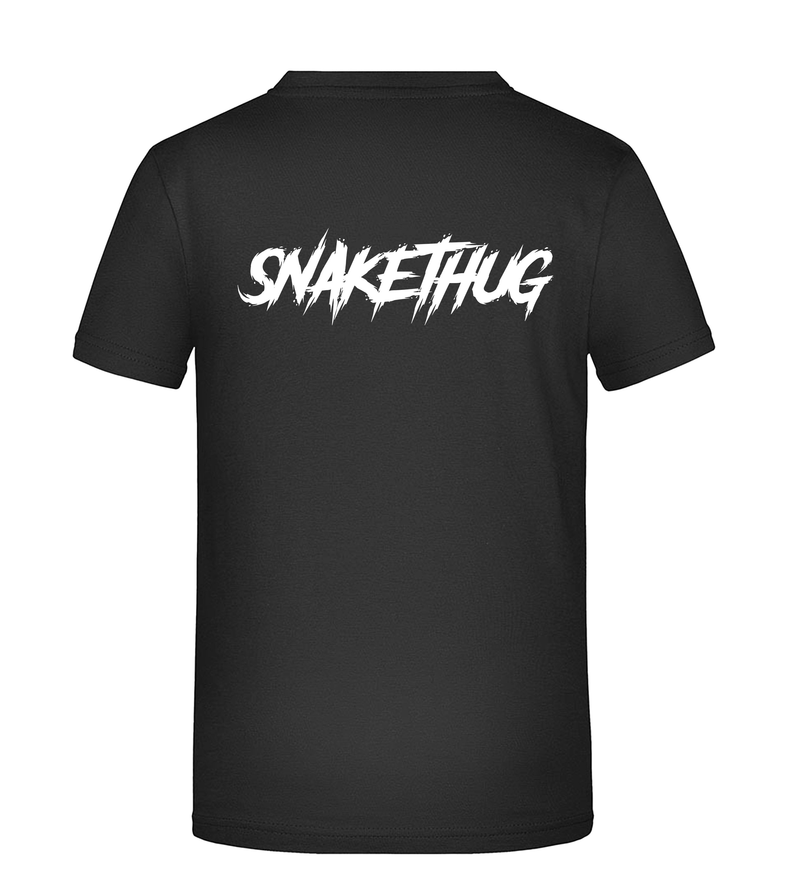 Rückseite des schwarzen SnakeThug T-Shirts mit großem, weißem „SNAKETHUG“-Schriftzug in auffälliger Brush-Schrift – perfekter Eyecatcher für urbane Looks.


