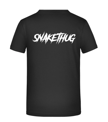 Rückseite des schwarzen SnakeThug T-Shirts mit großem, weißem „SNAKETHUG“-Schriftzug in auffälliger Brush-Schrift – perfekter Eyecatcher für urbane Looks.

