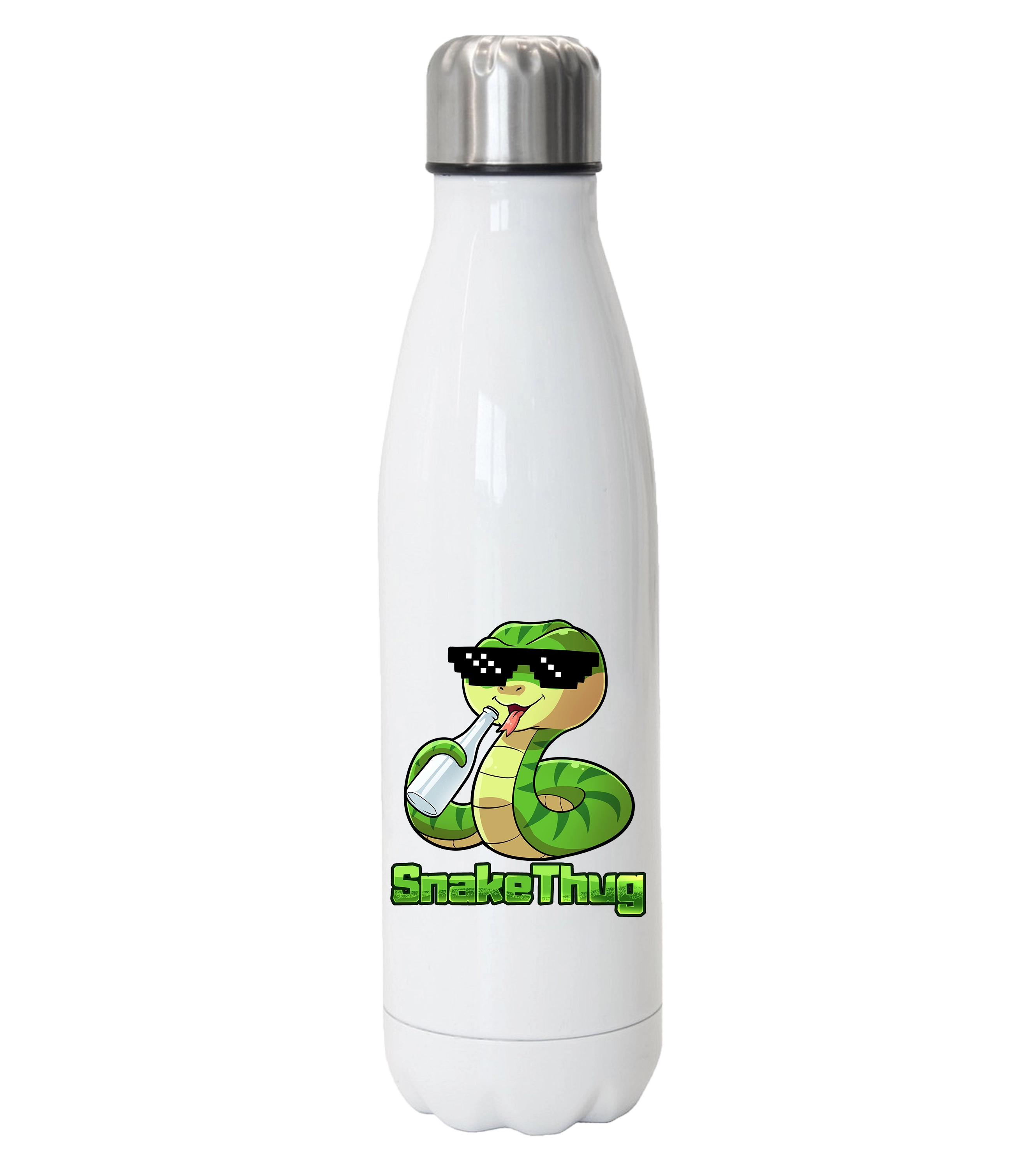 Doppelwandige weisse Thermoflasche mit SnakeThug-Motiv: grüne Kobra mit Sonnenbrille und Flasche, robustes Edelstahl-Design für warme und kalte Getraenke.