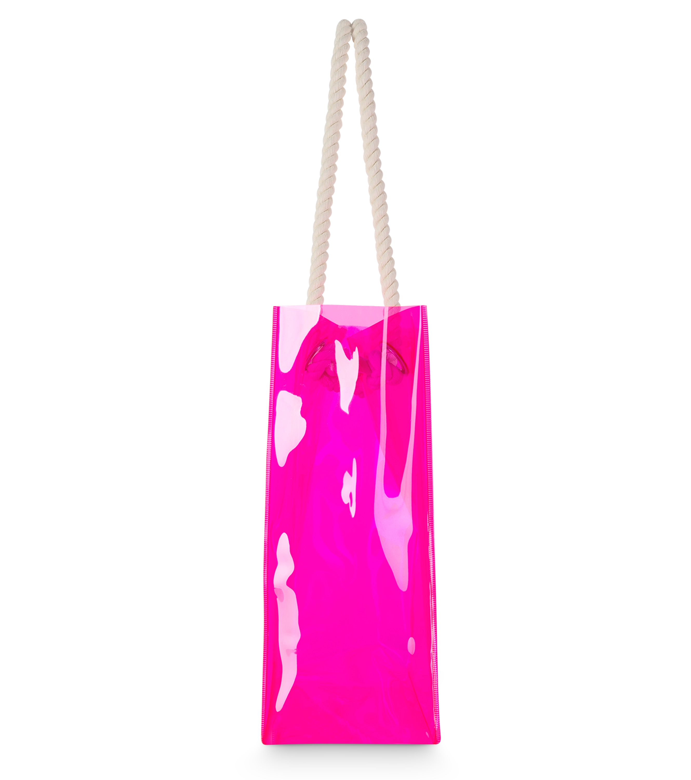 Seitenansicht der pinken transparenten Strandtasche mit weißen Kordelgriffen, ohne sichtbaren Aufdruck.

