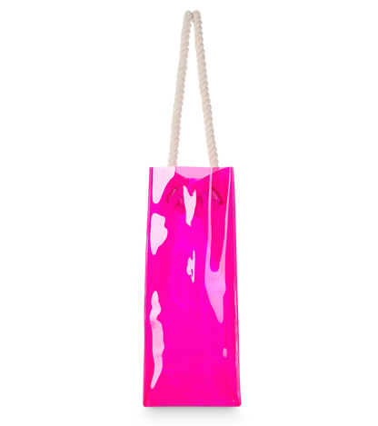 Seitenansicht der pinken transparenten Strandtasche mit weißen Kordelgriffen, ohne sichtbaren Aufdruck.

