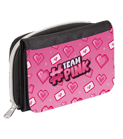 Kinder-Geldboerse mit #TeamPink-Motiv: rosa Hintergrund mit Pixelherzen und Liebesbriefen, robustes Reißverschlussformat – inspiriert von der Creatorin Canselguel.