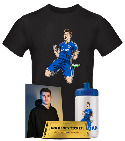 Tim Latka Fanbundle mit schwarzem T-Shirt samt Comic-Illustration im blauen Trikot, passender Trinkflasche, goldfarbenem Gewinnspiel-Ticket und signierter Autogrammkarte.

