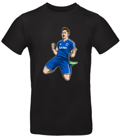 Schwarzes T-Shirt mit Comic-Illustration von Tim Latka im blauen Fußballtrikot mit „LADDI“-Schriftzug, kniend in Jubelpose mit geballten Fäusten.

