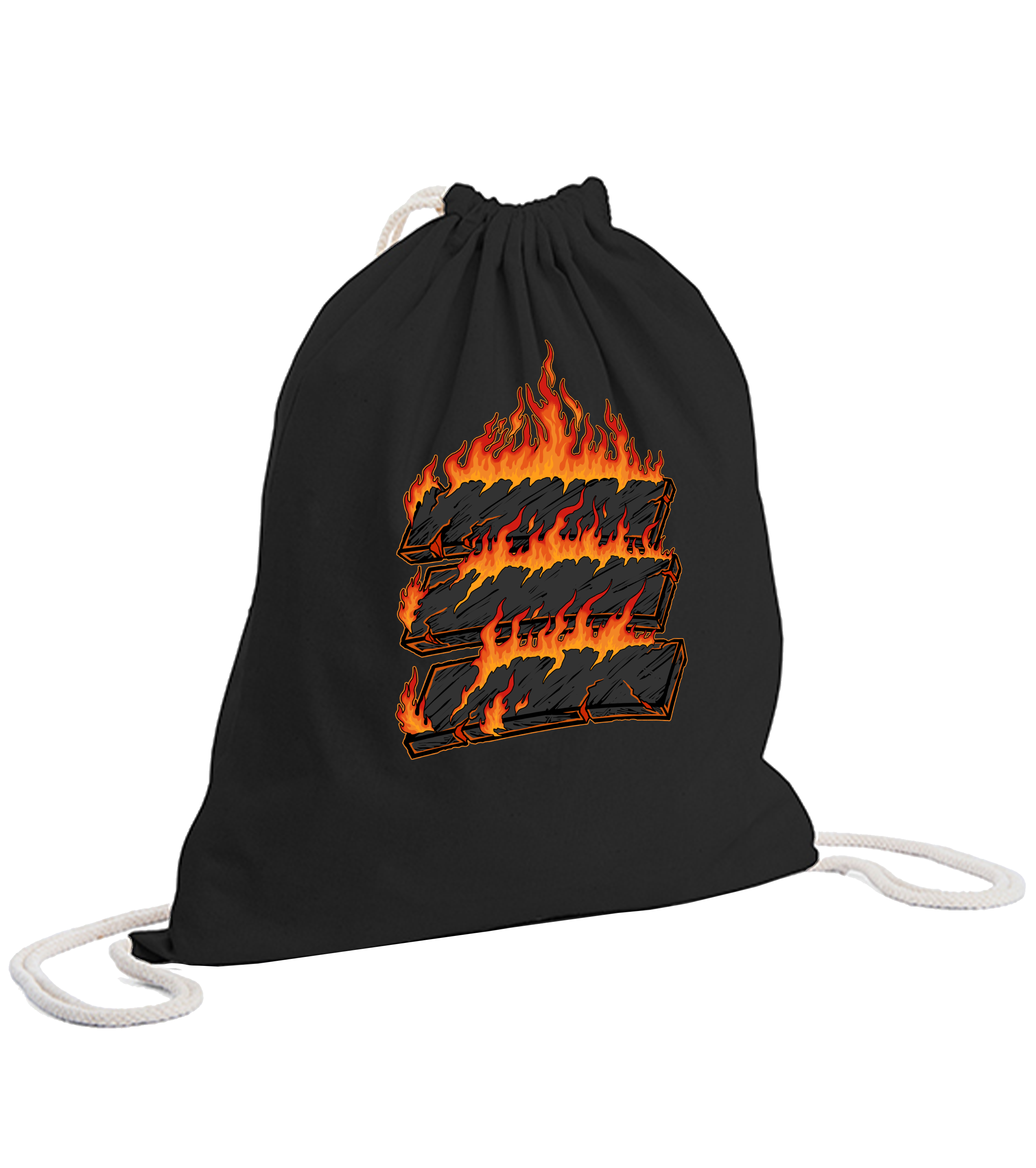 Schwarzer Turnbeutel mit auffälligem Flammenlogo in leuchtendem Orange und Rot – passendes Accessoire zur Echtso-Kollektion.

