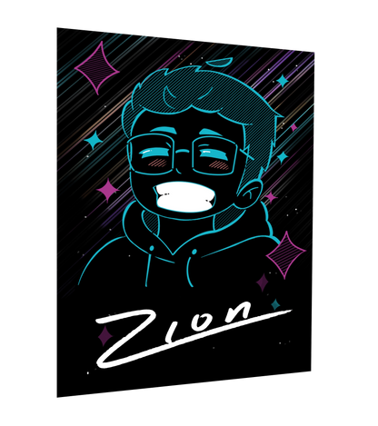 Bunte Zion Autogrammkarte im Comic-Stil mit Neonfarben, fröhlichem Gesicht und verspieltem Hintergrund.