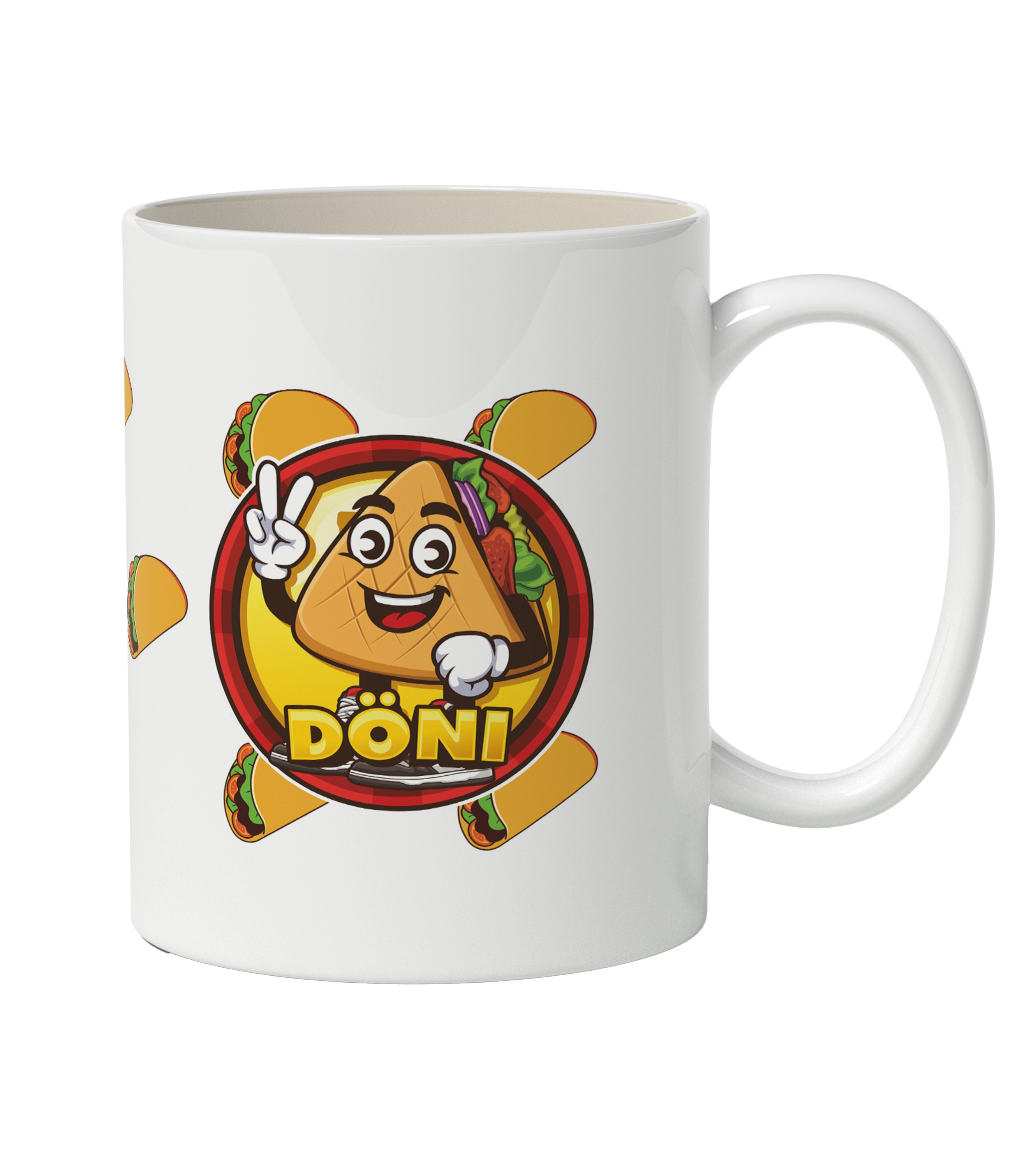 Weiße Keramiktasse mit buntem Döni Logo im Cartoon-Style – perfektes Fanprodukt für Kaffee und Tee.