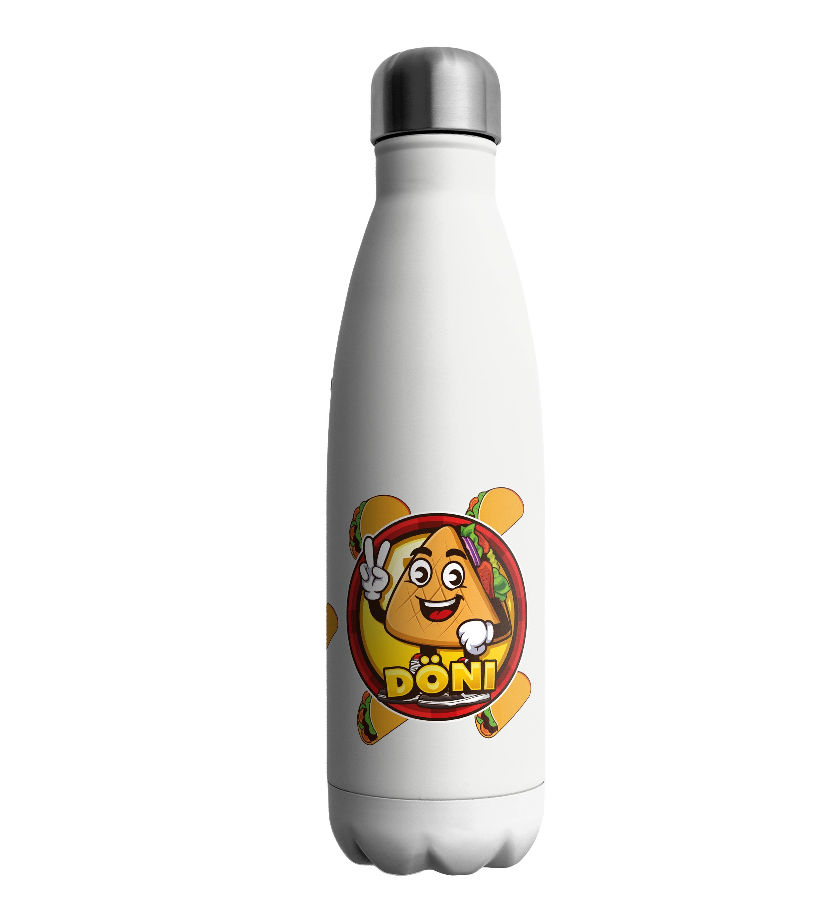 Weiße Edelstahl-Trinkflasche mit Döni Logo und Cartoon-Design – robuste Flasche für Schule, Sport und Alltag.