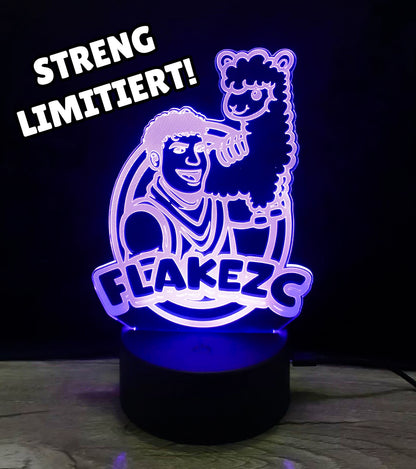 Limitierte Flakezc 3D-LED-Lampe mit lila Leuchteffekt und Logo-Motiv – exklusives Highlight für die Community.