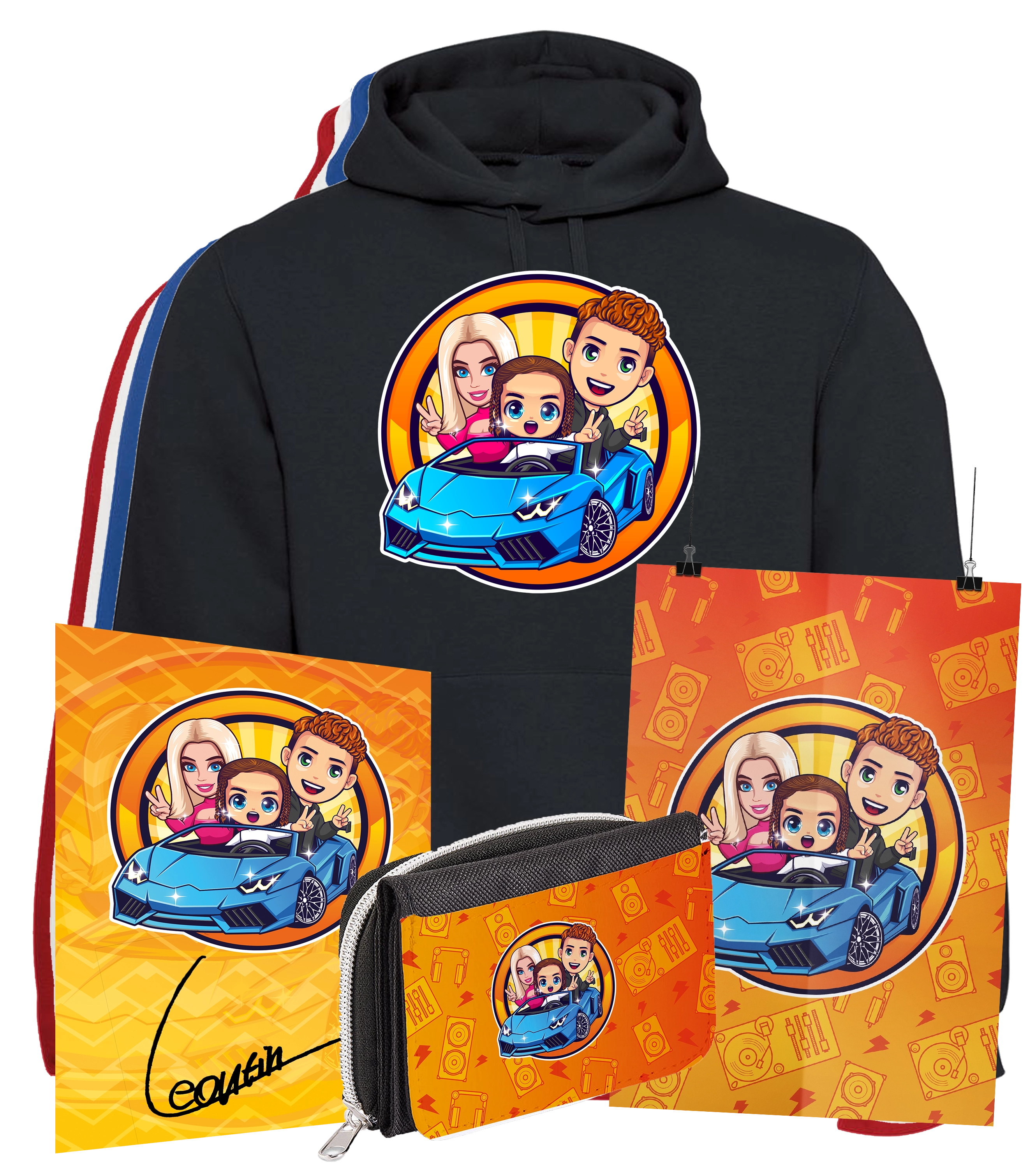 Merchandise-Bundle mit schwarzem Leontin Hoodie und Aufdruck eines Cartoon-Autos mit drei Figuren, inklusive Geldboerse, Poster und Autogrammkarte im passenden Design. Ideal fuer junge Fans.