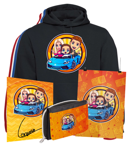 Merchandise-Bundle mit schwarzem Leontin Hoodie und Aufdruck eines Cartoon-Autos mit drei Figuren, inklusive Geldboerse, Poster und Autogrammkarte im passenden Design. Ideal fuer junge Fans.