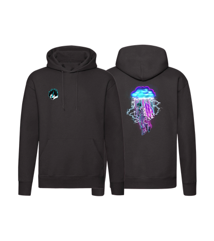 Schwarzer Hoodie mit auffaelligem Blitz Motiv auf dem Ruecken und dezenter Flammen Stickerei vorn – stylischer Streetwear Pullover fuer Gamer und Alltag