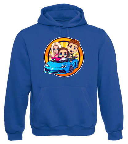 Blauer Hoodie mit Leontin-Motiv: Cartoon-Illustration mit drei Charakteren in einem Sportwagen, farbenfroh aufgedruckt auf der Brust.