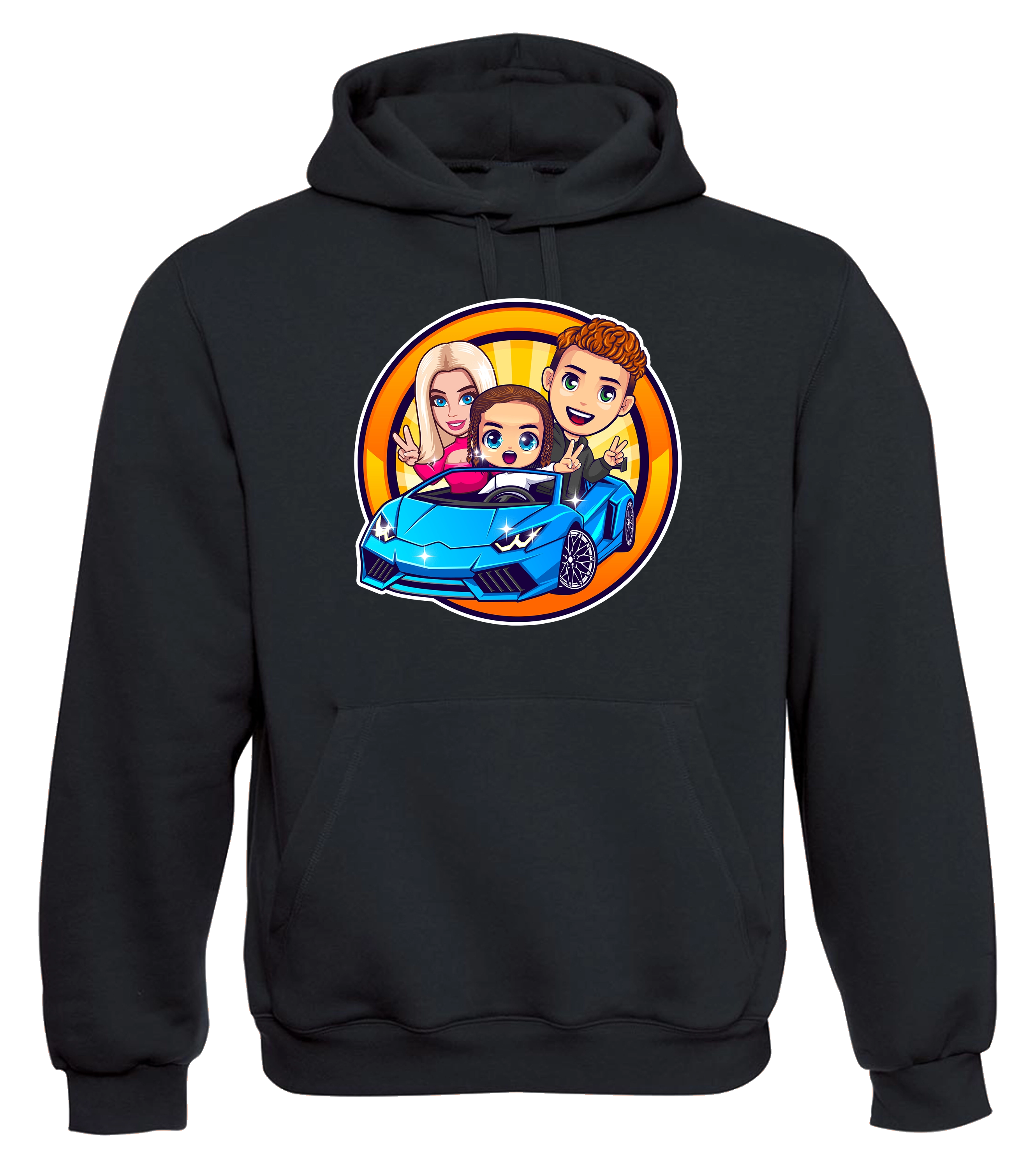 Schwarzer Hoodie mit buntem Cartoon-Aufdruck von drei Charakteren in einem blauen Sportwagen. Offizielles Leontin-Merch fuer Kinder und Fans.