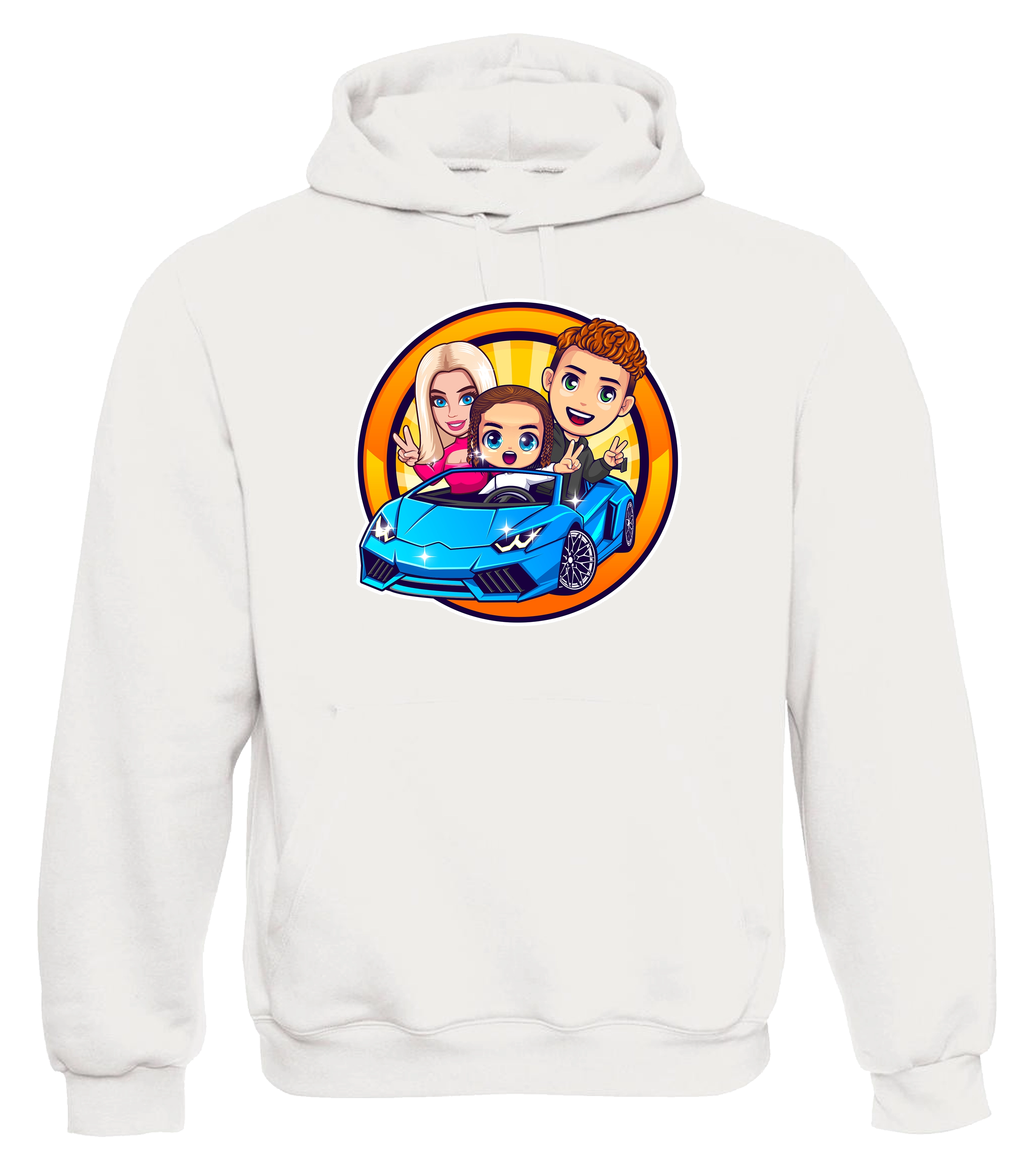 Weisser Hoodie mit farbenfrohem Cartoon-Motiv von drei Figuren in einem blauen Sportwagen. 