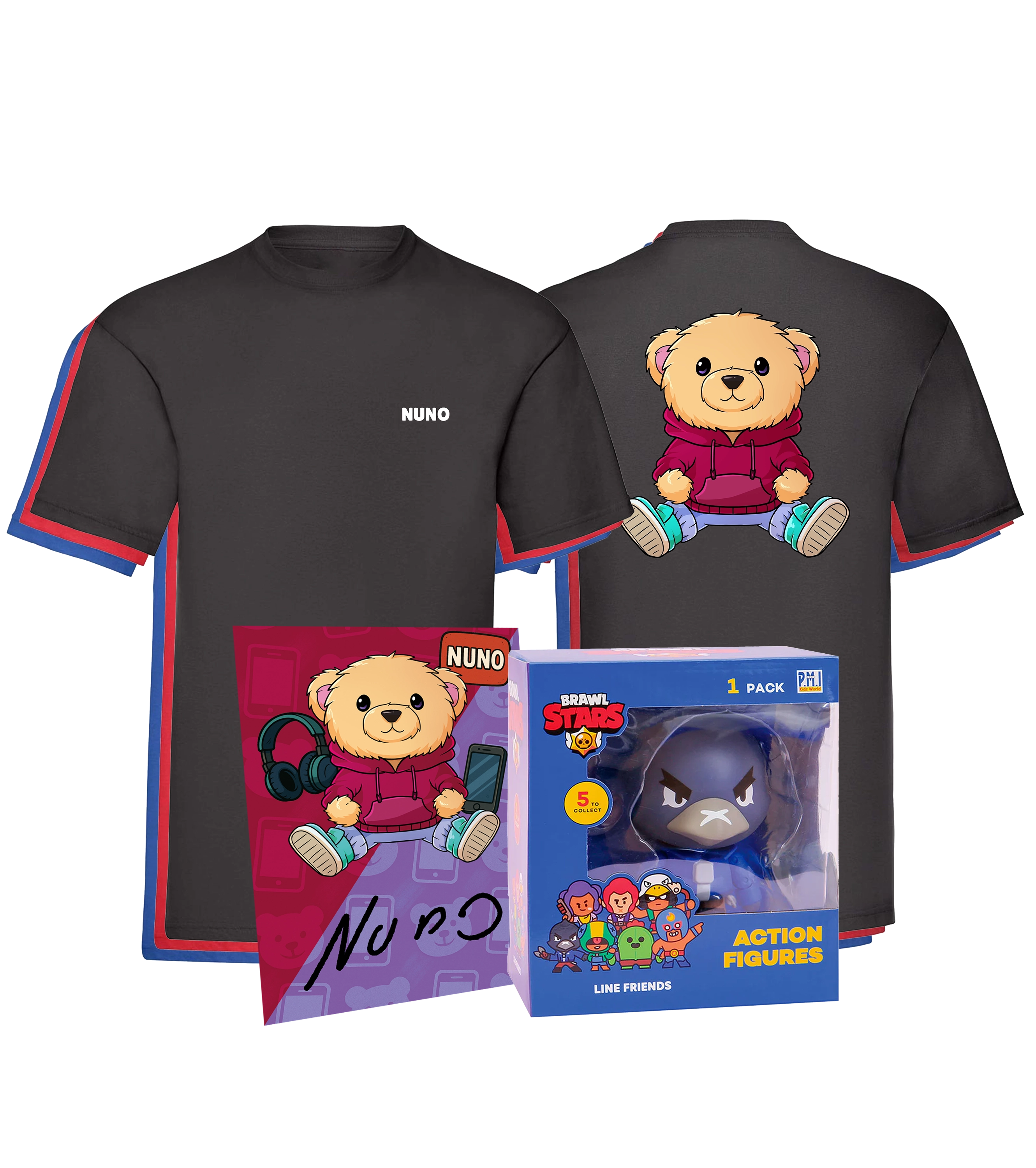 Nuno Merch Bundle mit Shirt, Autogrammkarte und Actionfigur – ideales Geschenkpaket für die Community.