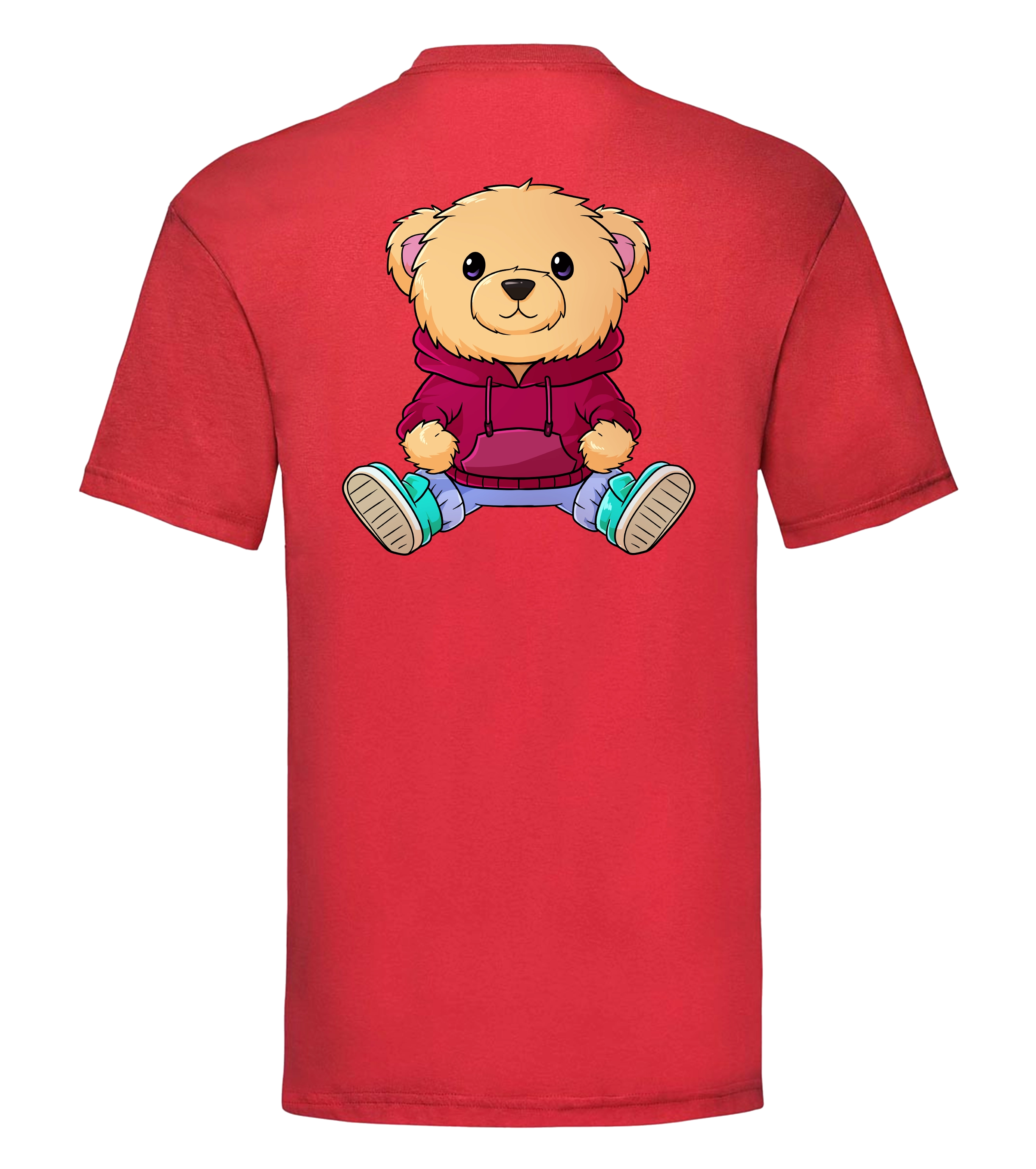 Rückseite des roten Nuno T-Shirts mit großem Bärchen im Hoodie – verspieltes Design für die Community.