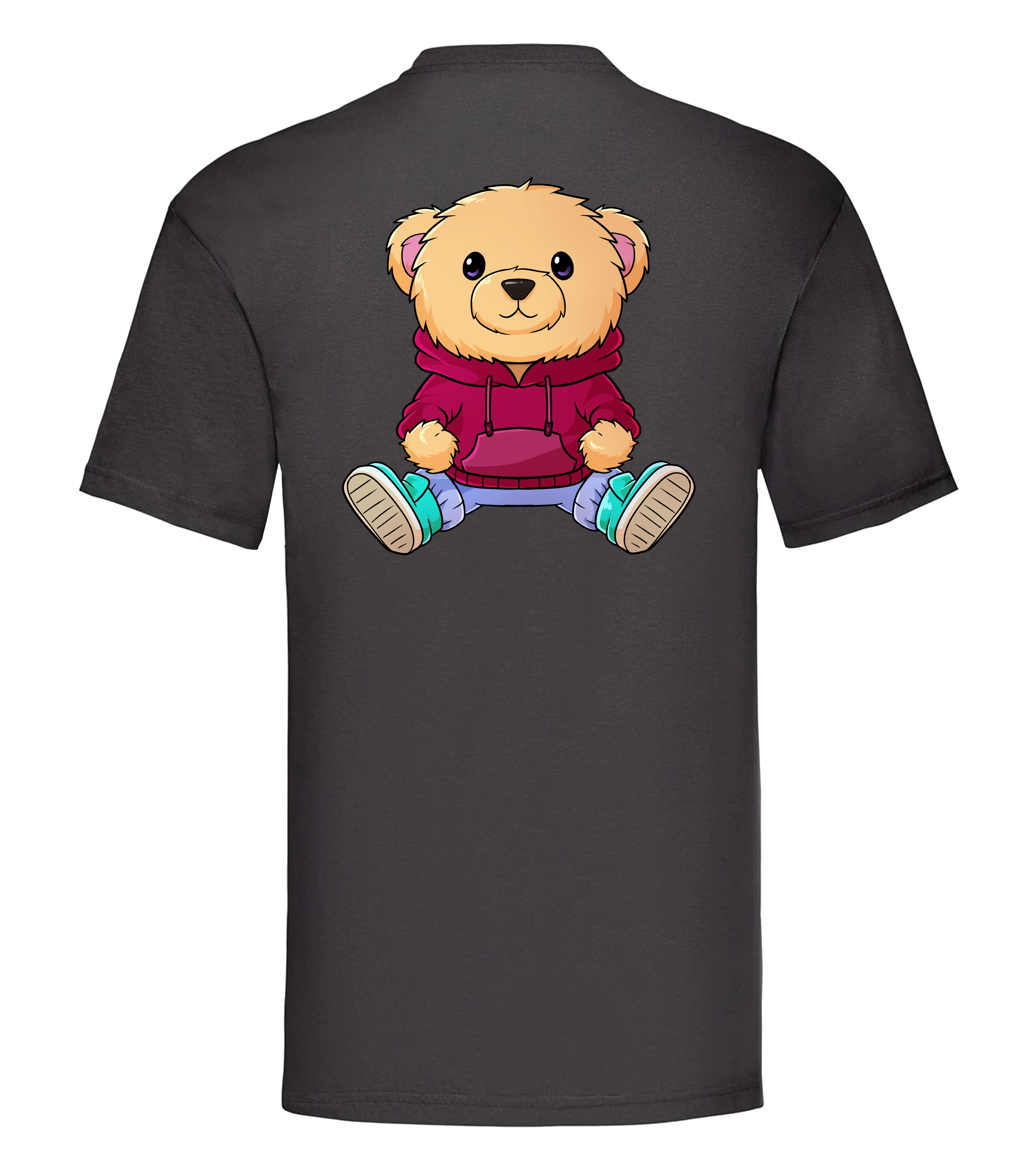 Rückseite des schwarzen Nuno T-Shirts mit großem Bärchenprint im roten Hoodie – auffälliger Streetwear-Look für die Community.
