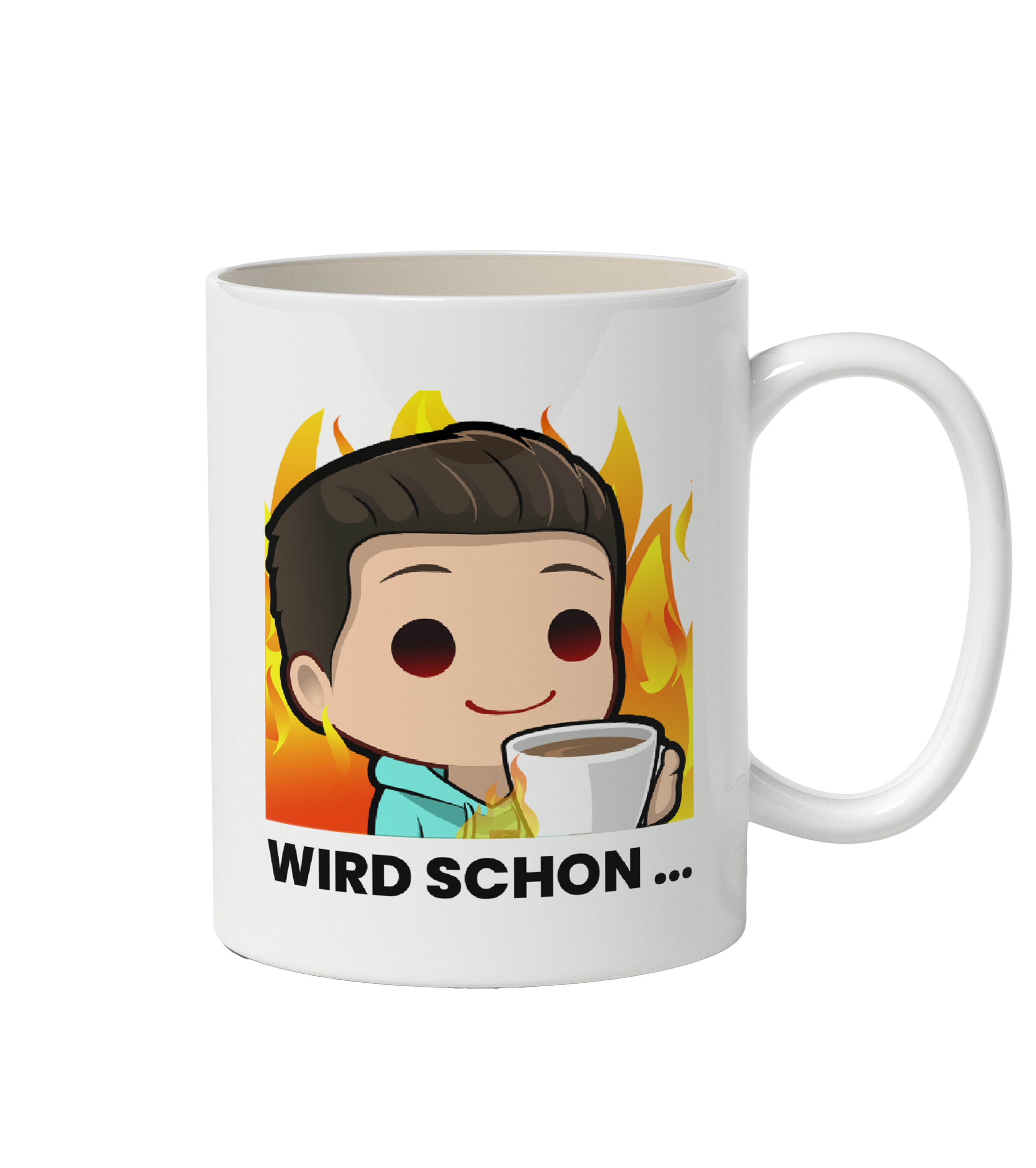 Weisse Tasse mit lustigem Cartoon Motiv eines Mannes mit Kaffee und Flammen Hintergrund sowie Aufschrift Wird Schon – robuste Keramik Tasse ideal fuer Alltag und Buero