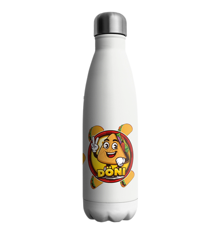 Weisse Trinkflasche mit Doeni Logo und buntem Cartoon Design – robuste Edelstahl Flasche ideal fuer Schule, Sport und Freizeit