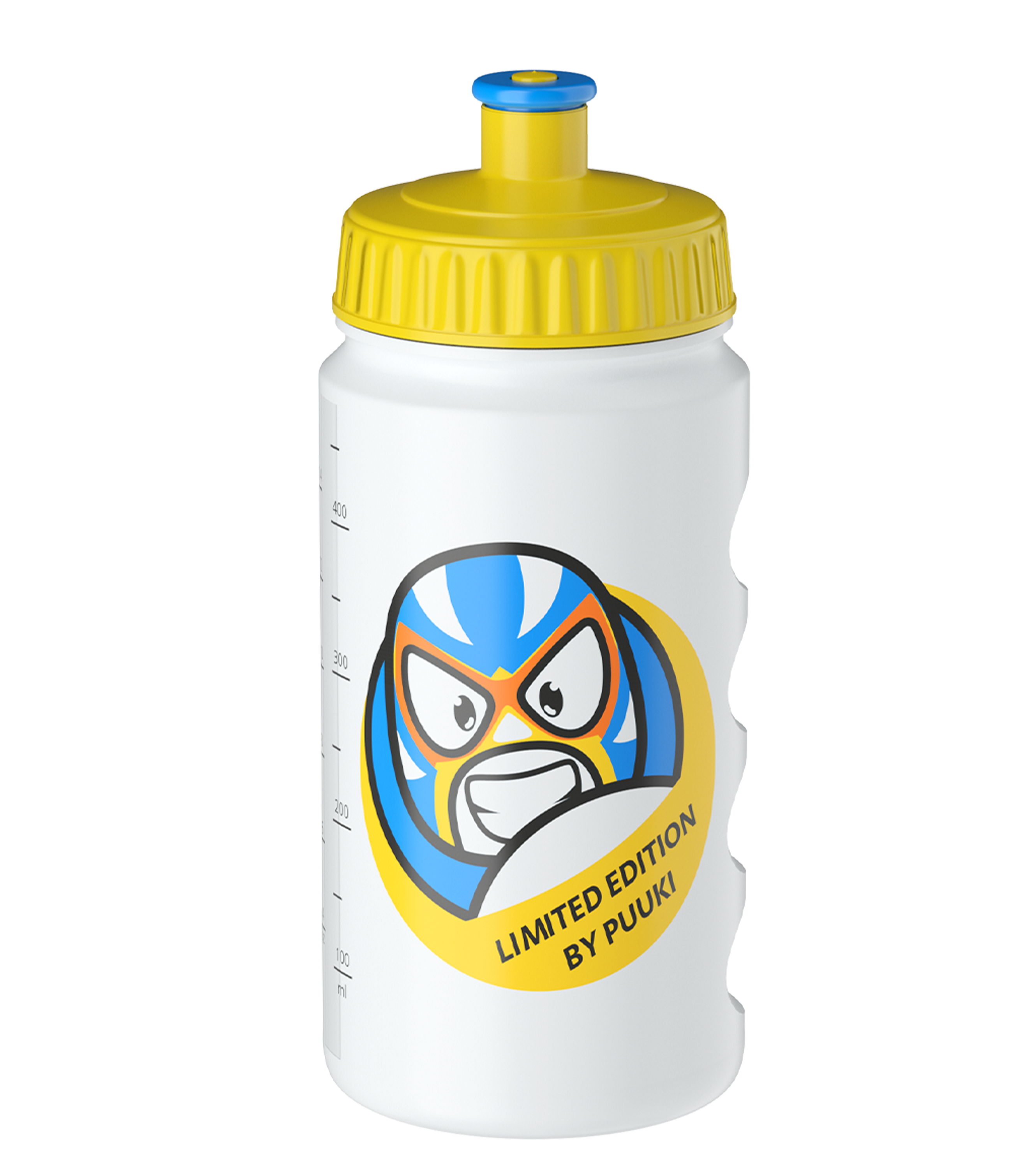 Weiße Kinder-Trinkflasche mit gelbem Deckel, blauen Akzenten und einem bunten Comic-Gesicht im Luchador-Stil. Aufdruck: „Limited Edition by Puuki“.

